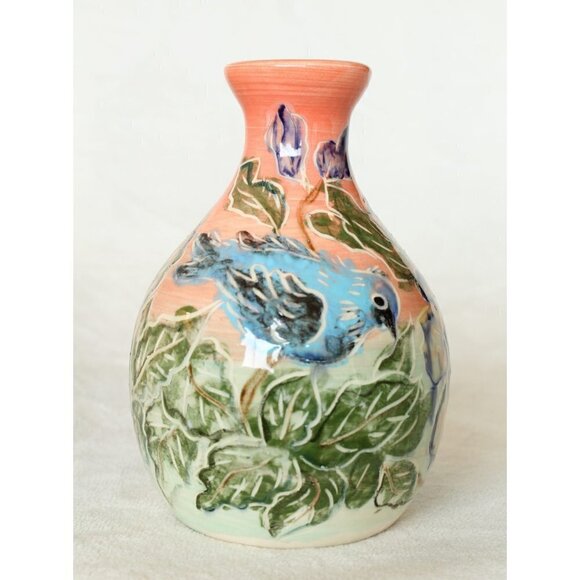 Art Studio Ceramic Pottery Birds & flowers print Bottle Decorative Vase handmade - Picture 2 of 10